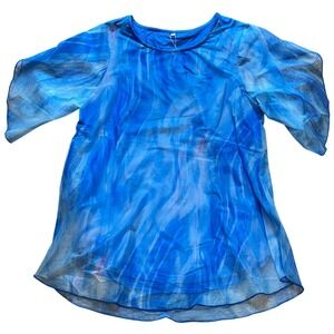 Hao MeiLi Shirt Womens Large Blue Flowy Fairycore Flutter Sleeve Sheer Lined NWT